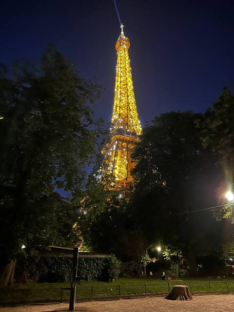 Eiffel Tower lit up at night