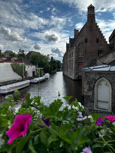 Canals and historic buildings with flowers in the foreground