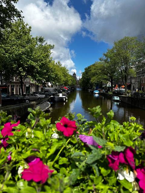 Canal with boats and flowers in summer