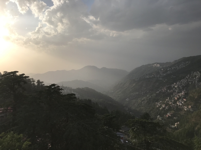 Misty valley with hills and trees