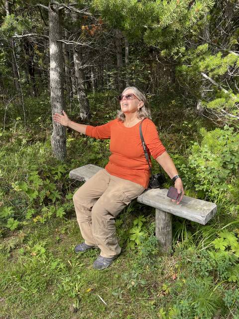       Rotated image of a person on a wooden bench in a park.
  