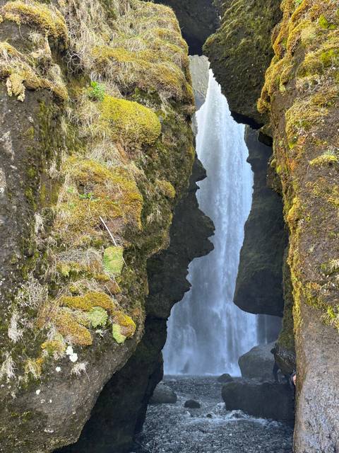 Moss-covered rocks with waterfall in background.