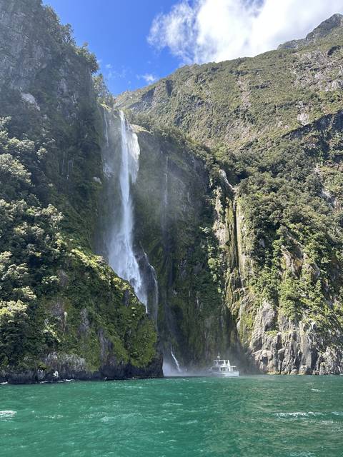       Waterfall flowing down a cliff in a lush area.
  
