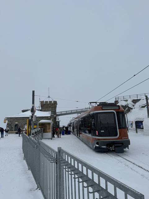       Snow-covered train station with mountains nearby.
  