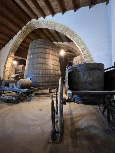       Wine barrels inside a historic cellar.
  