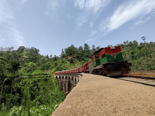 Train crossing a picturesque bridge surrounded by greenery.