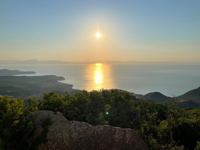       Sunset view over a calm sea from a hillside.
  