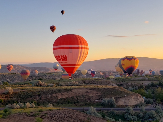       Hot air balloons floating over a scenic landscape.
  