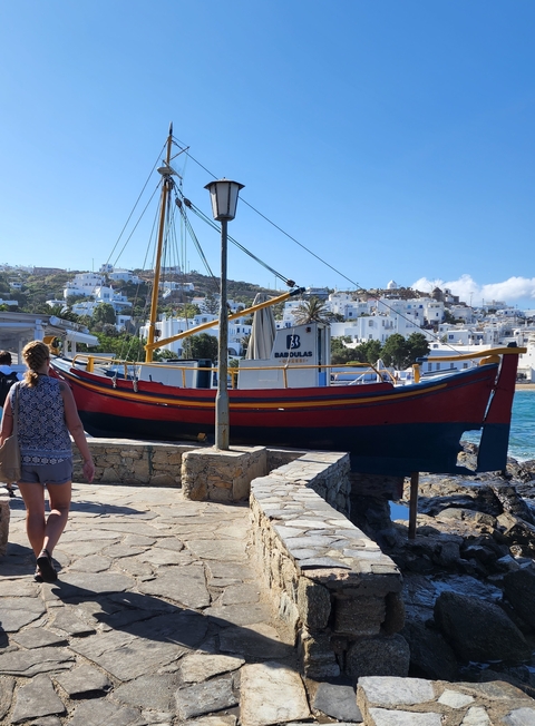       Colorful boat docked with view of a seaside town.
  