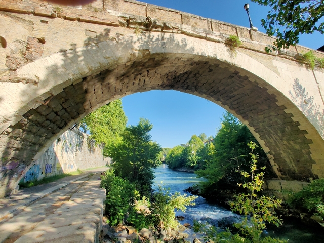       Stone bridge over a river with lush greenery
  