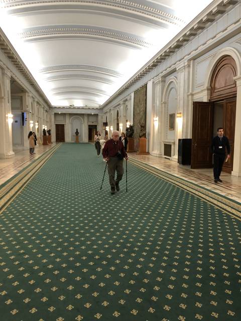       Person walking in a grand hall with ornate architecture.
  