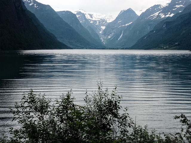       A serene fjord surrounded by towering mountains.
  