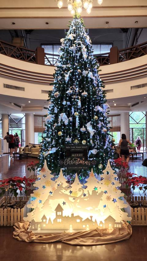       Decorated Christmas tree in a large indoor space.
  