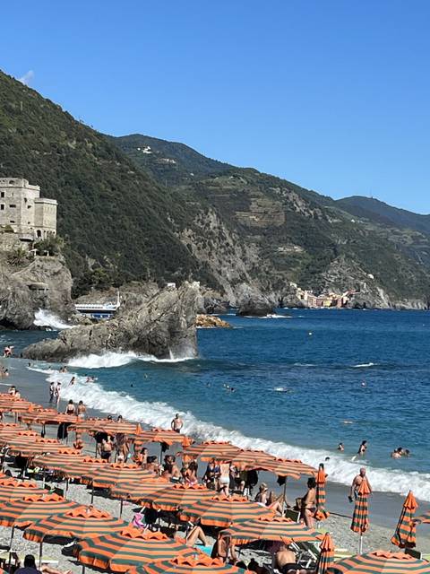 Crowded beach with sun umbrellas by the sea.