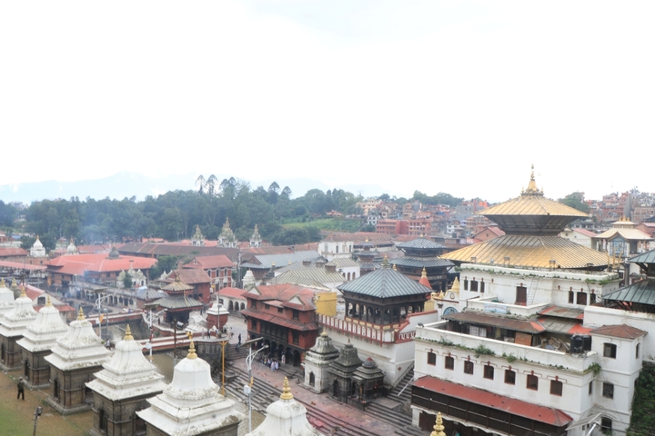An aerial view of a complex with multiple temples and stupas.