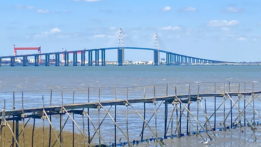 View of a large bridge over a body of water.