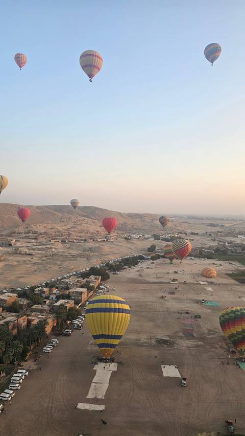       Hot air balloons floating over a desert landscape during sunrise or sunset.
  