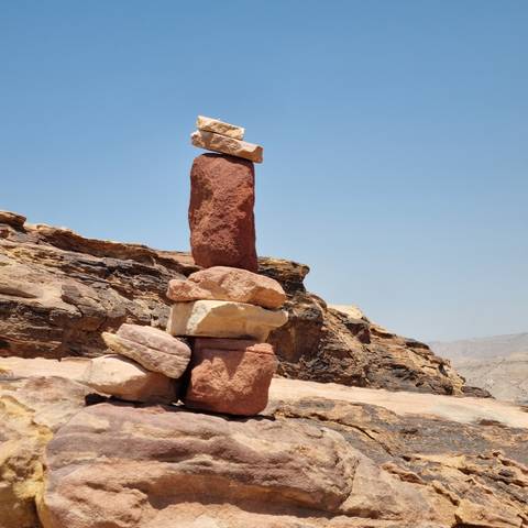 Rock balancing formation in a desert landscape.