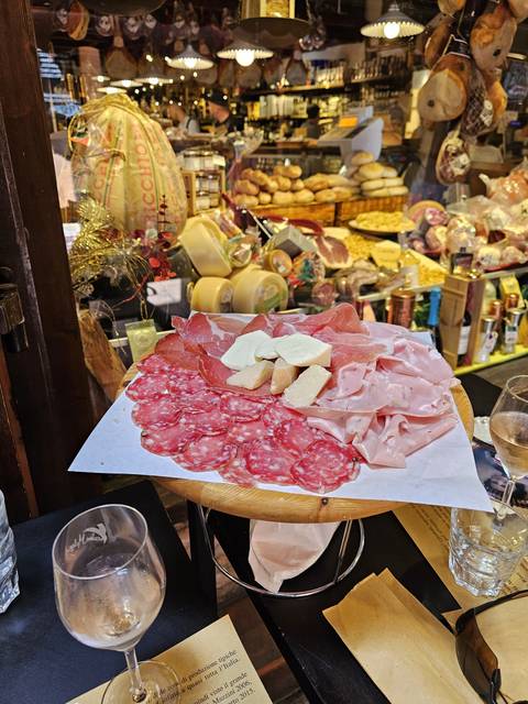 Close-up of a charcuterie platter with meats and cheese.