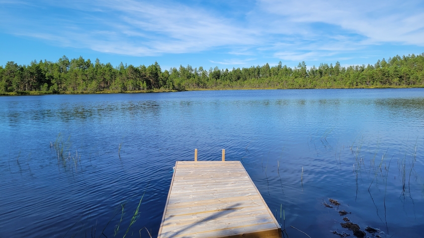 A tranquil lake with a wooden pier extending into the water.