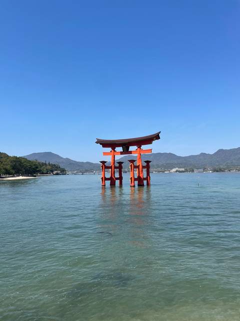 A Torii gate standing in the water.