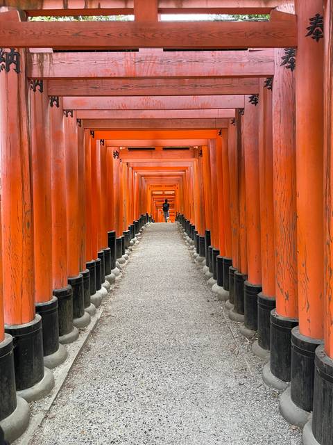 Red torii gates forming a corridor with a person walking.