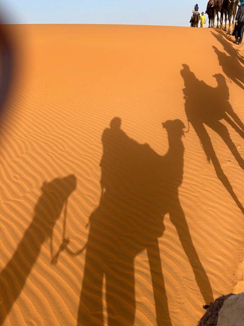 Shadows of people riding camels on sand dunes.