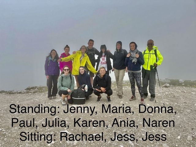 Group photo of people at a mountain summit with printed names.
