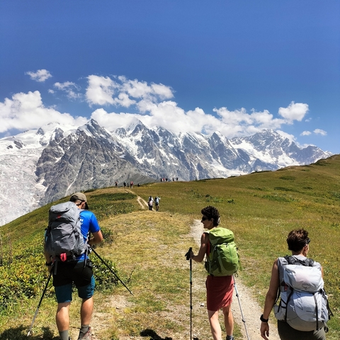       Hikers on a path towards snowy mountains.
  