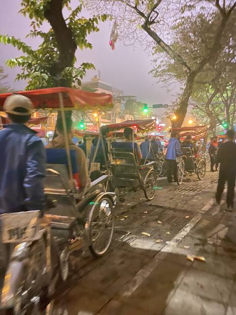 A bustling street scene with cyclo-rickshaws and people under a canopy of trees.