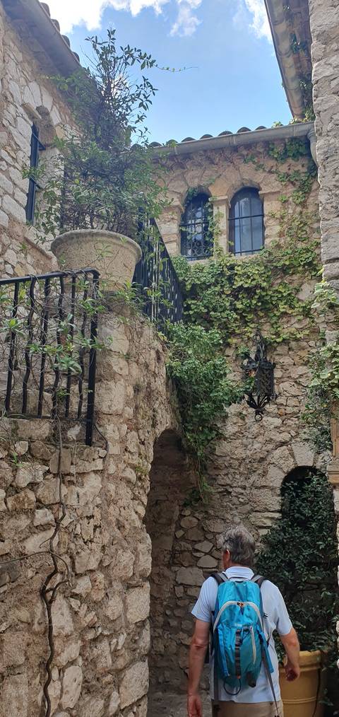Person walking through a narrow stone alley with ivy-covered walls.