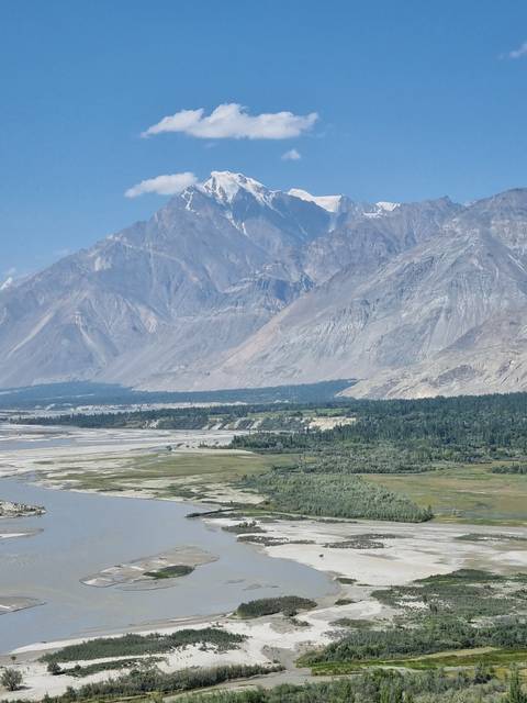 River winding through a mountainous landscape, with snow-capped peaks.