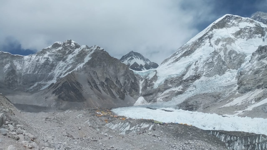 Snow-covered mountainous landscape, possibly Everest Base Camp.