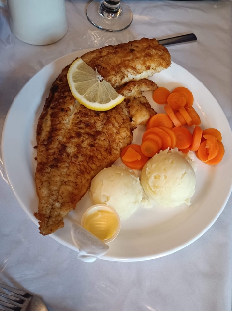 A plate with grilled fish, mashed potatoes, and carrots.