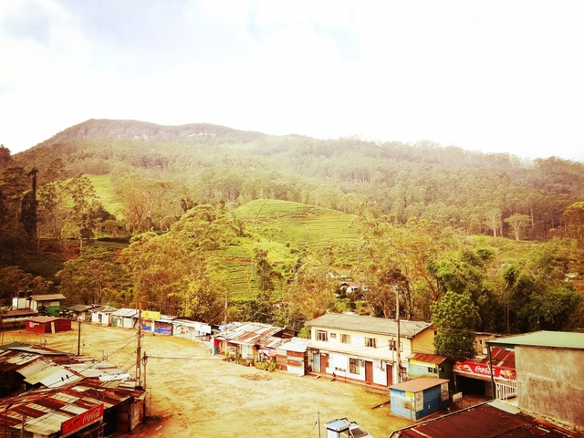 Hillside village with colorful houses in a lush landscape.