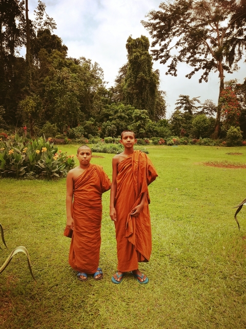       Two young monks standing on a grassy area with flowers.
  