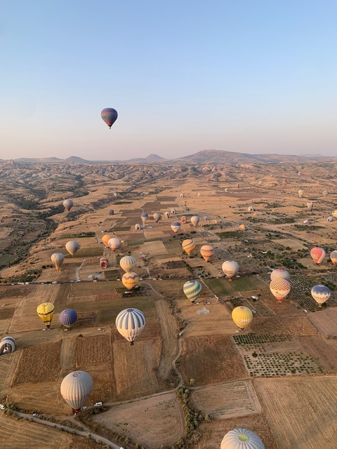Hot air balloons over a wide landscape during sunrise.