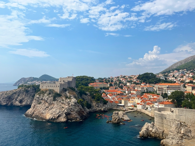 A scenic view of Dubrovnik with medieval walls and orange rooftops along the coastline.