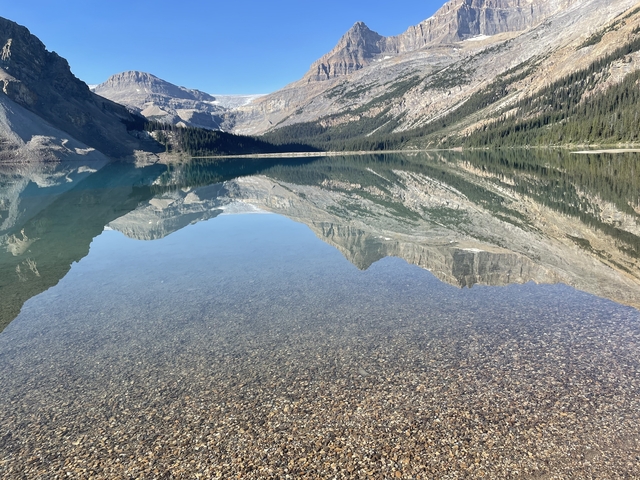 Crystal clear lake with mountain reflections.