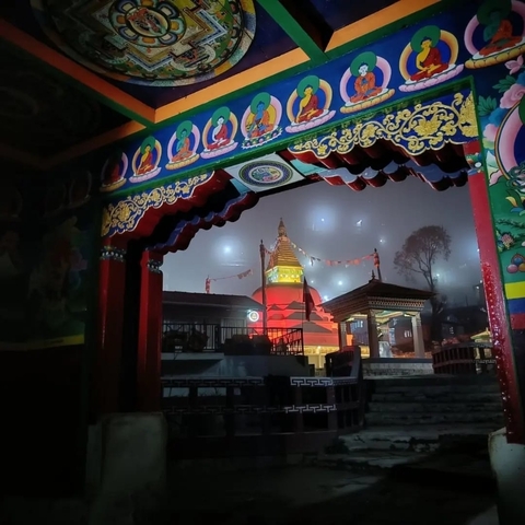       A stupa illuminated at night with intricate decoration.
  