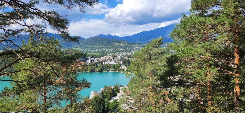       Scenic view of a lake and town surrounded by mountains.
  