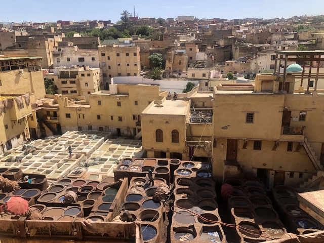       Overview of traditional Moroccan tanneries with vats and buildings.
  