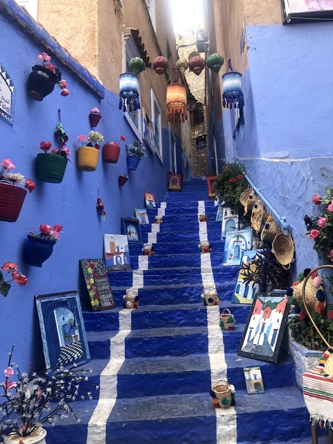       A brightly painted staircase adorned with colorful pots and art in a narrow alley.
  