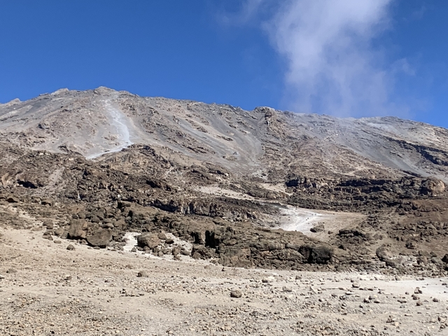       Barren landscape of a mountain under a clear blue sky.
  