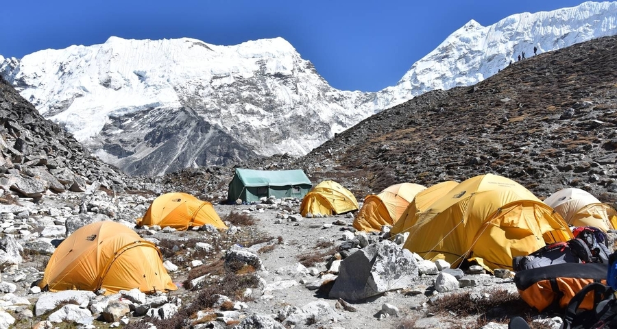       Yellow tents with snow-capped mountains in the background.
  