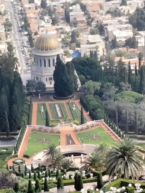       Gardens with trees and pathways in front of a large building.
  