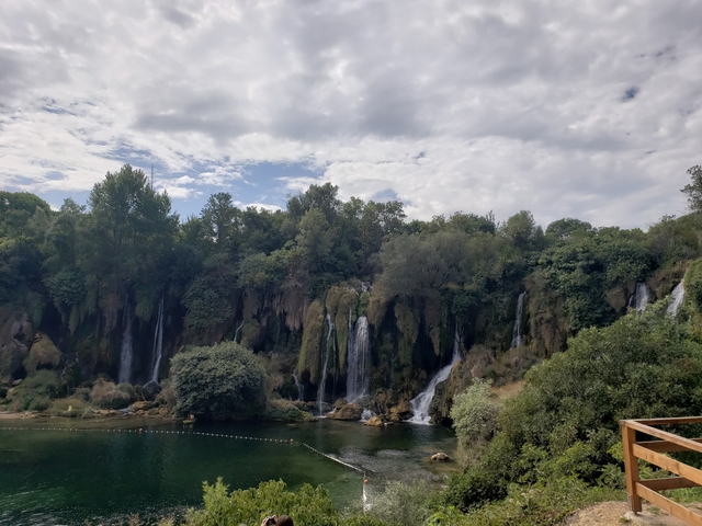 Waterfalls surrounded by lush greenery.