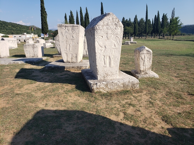 Ancient stone carvings in a grassy field.