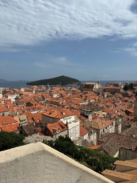 Aerial view of city with red rooftops leading to the sea.