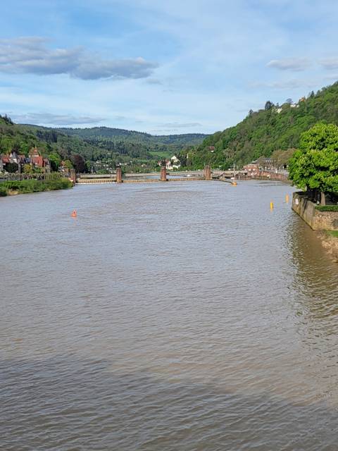 A view of a river and bridge with hills in the background.